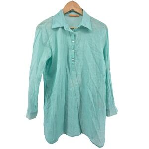 Oliphant Tunic Top Womens Medium Aqua Blue Cotton Long Roll Tab Sleeve Coastal
